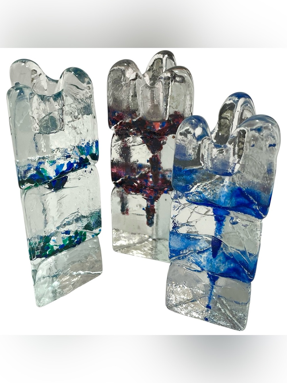 Vintage 1990s Thorn Glass Studio Signed Brutalist Candle Holders Set (3) Canada